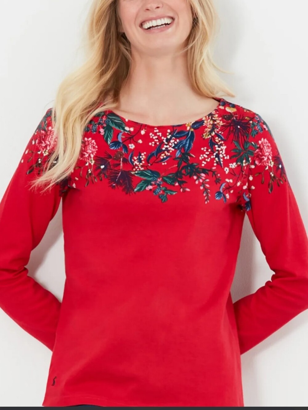 NWOT Joules Red Long-Sleeve Top with Floral Yoke